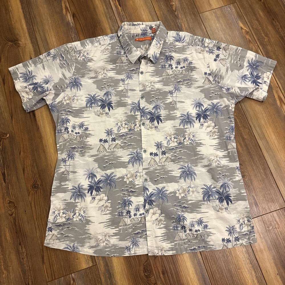 Tori Richard Men's XL Silk Blend Blue Floral Print Hawaiian Aloha Beach Shirt